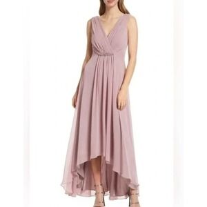 Eliza J Beaded Ruched V Neck Hi Lo Chiffon Gown Dusty Rose Formal Evening 10P